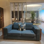 Hand-Forged Stainless Steel Sofa with Burl Wood Veneer & Handcrafted Gold Inlay